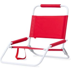 A red leisure chair with a white frame, featuring armrests and a support strap. The chair is designed for outdoor use.