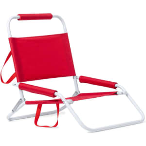 A red leisure chair with a white frame and adjustable backrest. It includes a carry strap for easy transport.