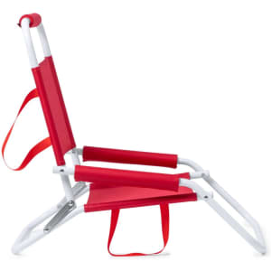 A red leisure chair with a white frame and adjustable straps for carrying. It features a reclining backrest.
