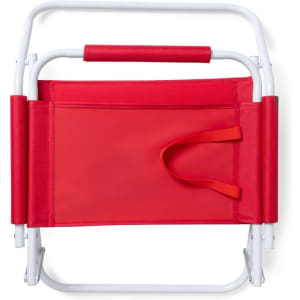 A red leisure chair with a white frame and a carrying handle. The chair is compact and foldable.