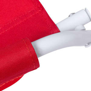 A close-up of a red fabric cover with white frames, featuring a brand logo.