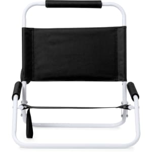 A black folding chair with a white metal frame, featuring a simple design and padded handles.