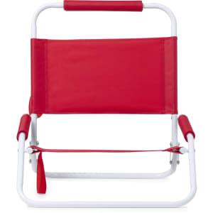 A red leisure chair with a white frame featuring a simple, modern design. It has a padded handle and armrests.