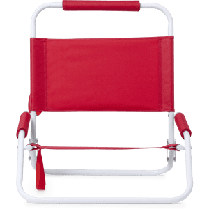 A red leisure chair with a white frame and a simple design, featuring a sturdy backrest and armrests.