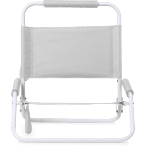 A grey leisure chair with a white metal frame and a comfortable fabric backrest. It features a simple and modern design.