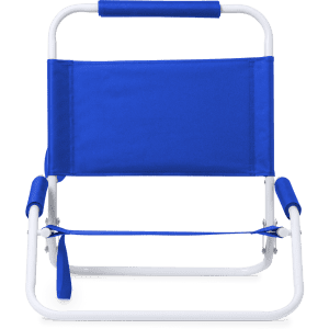 A blue chair with a white frame, featuring a simple design and a sturdy seat. It has a handle for easy transport.