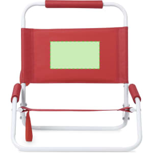 A red folding chair with a white frame. It features armrests and a blank area on the back.