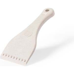 A white ice scraper with a textured handle, featuring a logo and a rounded end for easy gripping.