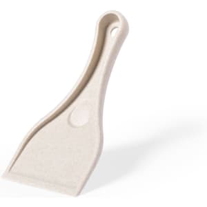 A white ice scraper with a curved handle and a flat scraping edge. It features a hole for easy storage.