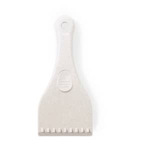 A white ice scraper with a textured handle and notched scraping edge. It has a simple design and a branding logo.