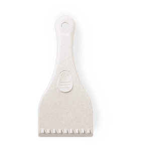 A light beige ice scraper with a flat edge and a pointed end, featuring a handle and a small hole for hanging.