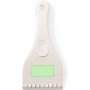 A white ice scraper with a textured grip and a rounded handle, featuring a branding logo.