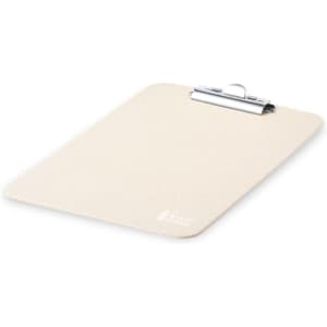 A beige clipboard with a silver metal clip and a smooth surface, featuring a subtle logo in the corner.