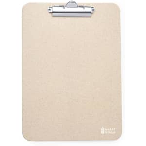 A beige clipboard made from wheat straw, featuring a metal clip and a logo in the corner.