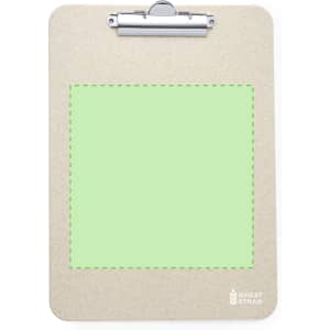 A beige clipboard made from wheat straw with a large green notepad area and a metal clip at the top.