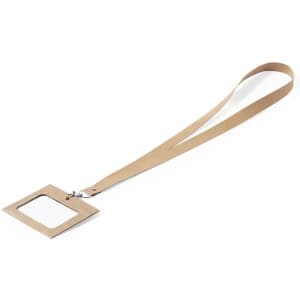 A tan lanyard with a square card holder attached, suitable for events and exhibitions.