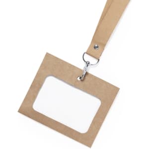 A brown, rectangular lanyard with a transparent ID holder and a metal clip for attachment.