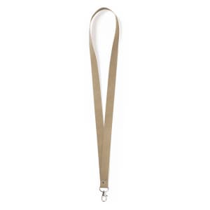 A beige lanyard featuring a metal clasp, designed for holding ID cards or small items.