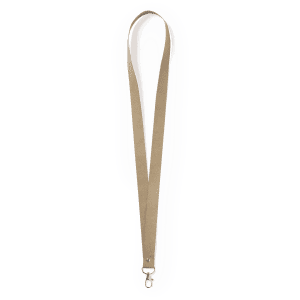 A tan lanyard with a clasp at the end, designed for attaching ID cards or keycards.