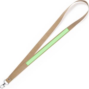 A beige lanyard with a green panel and a metal clip at one end, suitable for holding identification or keys.