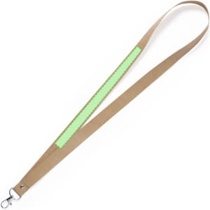 A tan lanyard with a reflective green stripe, featuring a metal clip for attaching ID or badges.