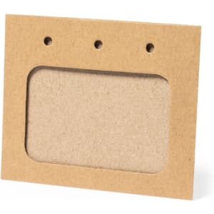 A tan name badge holder with a cut-out section and three holes for attachment. It has a simple, minimalist design.