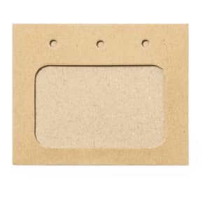 A brown, cardboard name badge with a transparent window and three holes at the top.