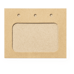 A plain brown name badge with a clear window and three holes for attachment. It has a simple, unbranded design.