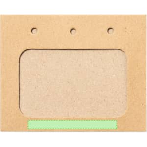 A brown cardboard name badge holder with a clear window and a green strip at the bottom, featuring three holes at the top.