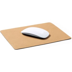 A tan mousepad with a sleek white mouse resting on it, featuring a black border.