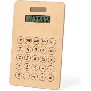 A beige calculator with a digital display and rubber buttons, featuring a simplistic design and an embedded logo.