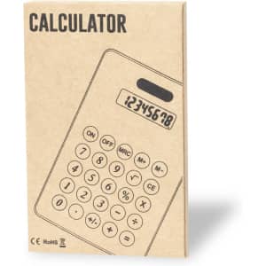 A cardboard box featuring a simple black outline of a calculator design, showcasing buttons and a digital display.