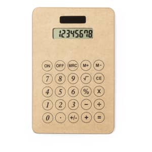 A beige calculator with a sleek design, featuring an LCD display and a numeric keypad.