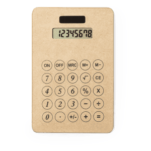 A calculator with a beige, cardboard exterior and a digital display, featuring standard numeric and function buttons.