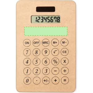 A rectangular calculator in a brown cardboard finish with a digital display and numerous numeric and function buttons.