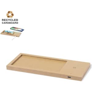 A rectangular wireless charger in natural cardboard colour with a designated phone area and a logo.