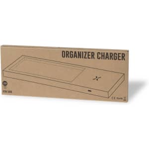 A rectangular brown cardboard box containing a wireless charger, labelled as an organizer charger, with a logo visible.
