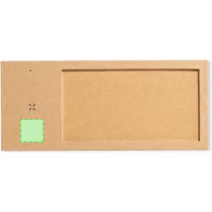A rectangular cardboard product with a cut-out area and a green square on one side, featuring a logo.