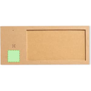 A rectangular brown packaging with a cut-out section and a small green square outline.