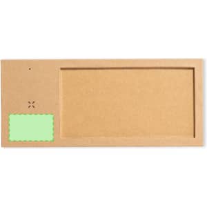 A rectangular, brown cardboard packaging with a blank green label and cutout area, featuring a minimalistic design.