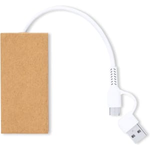 A rectangular USB hub in a brown casing with a white USB cable and connector. It features a branding logo.