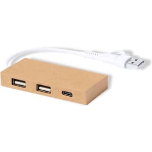 A brown USB hub with two standard USB ports and one USB-C port, connected by a white cable.
