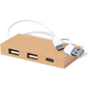 A beige USB hub with two standard USB ports and one USB-C port, accompanied by a white connector cable.