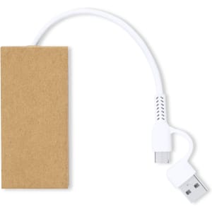 A beige USB hub with a white cable, featuring a connector on one end and a USB plug on the other. It has a logo.