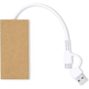 A rectangular USB hub in a brown casing with a white connection cable and plug. It has a logo on the surface.