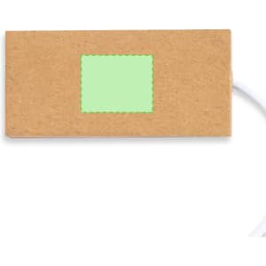 A rectangular USB hub with a brown exterior and a green rectangular patch, featuring a white cable.