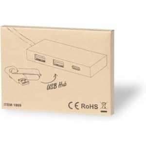 A brown cardboard box containing a USB hub with multiple ports and a USB cable. The box has a logo.