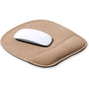 A beige mousepad with a wrist support, featuring a white computer mouse on top. It has a smooth, soft texture.
