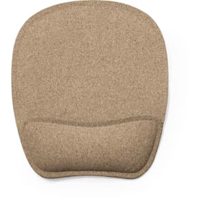 A brown mousepad featuring a cushioned wrist rest, designed for comfort in office use.