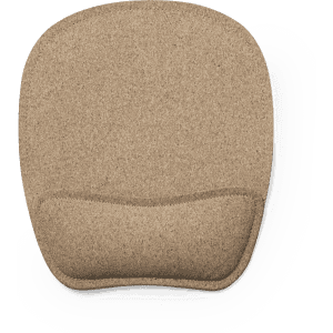 A mousepad in a natural beige colour with a curved wrist support and a soft surface. Features a logo.